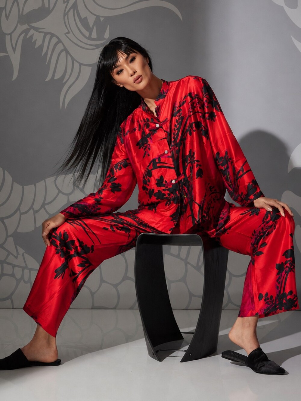Natori Red Black Satin Dynasty Style  Lounge Sleepwear Pajama Set NWT XL